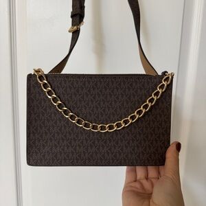 Michael Kors brown MK signature logo belt bag with a gold-tone chain accent
